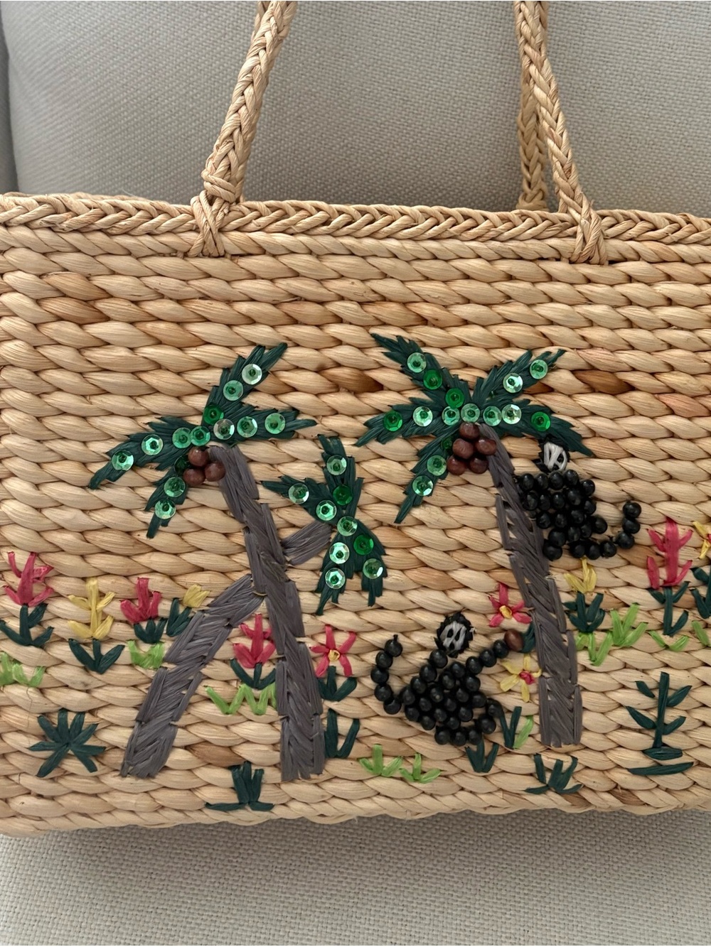 Artisan Straw Woven Tote Palm Tree Monkey Embellished Coastal Resort Handbag - Picture 8 of 8